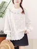 Coleção Primavera 2026: Camisa Floral Bordada Estilo Artístico para Mulheres com Borda Franzida Gola Boneca Top Casual