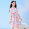 Vestido Infantil de Verão Manga Curta Estampa Floral Saia Doce Estilo Literário Solto Saia Princesa Saia de Algodão e Seda Atacado