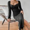 Comercio Exterior Transfronterizo Ropa para Mujer Estilo Francés Elegante Femenino Vestido Otoño e Invierno Cuello Cuadrado Abertura Sexy Delgado de Longitud Media