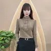 Camisa de Veludo Dupla Face com Babados e Manga Longa para Mulheres, Nova Coleção Outono e Inverno, Corte Solto, Cor Sólida que Cobre a Barriga, Camisa Térmica Base