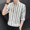 Camisa Rayada para Hombre Manga Corta Seda Helada Marca de Moda Ropa para Hombre Camisa de Manga Tres Cuartos Moda Versátil
