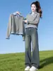 Elegante chaqueta suéter gris de imitación de dos piezas para mujer, nuevo modelo de otoño con cuello POLO, cárdigan de punto patchwork A13997