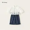 Roupa Infantil Bangxuan Estilo Primavera Camisa de Boneca com Renda Top Infantil Calça Floral Conjunto de Duas Peças Conjunto de Duas Peças para Meninas