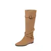 Hebilla de cinturón casual estilo coreano botas de montar de ante de vaca completo 2026 invierno tacón medio punta cuadrada cuero genuino caña alta botas largas para mujer