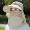 Chapéu de Sol Removível para Mulheres Verão Estilo Coreano Chapéu de Topo Vazio Aba Larga Anti-UV Chapéu de Sol para Ciclismo Chapéu com Máscara Facial