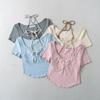 Top de duas peças com laço falso verão 2024, design feminino, gola alta, gola alta, ajuste fino, manga curta