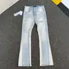 Jeans de Verano de Alta Calle Americana de Lujo Ligero de PU Rasgados Micro-Campana Patchwork Unisex Ajustados Casuales Largos de Moda