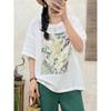 Nova Camiseta Estampada de Verão Solta com Efeito Emagrecedor Camada Dupla Fio de Algodão Gola Redonda Pulôver Manga Curta Casual Versátil Top