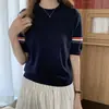 Nueva Camiseta de Punto Tricolor de Algodón Puro Estilo Universitario Cuello Redondo Manga Corta Estilo Verano Moda Simple para Mujer