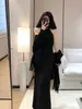 Conjunto de Xale com Franjas em Tricô Francês para Mulheres 2026 Nova Coleção Início da Primavera Elegante Slim Fit Suéter Saia Longa Conjunto de Duas Peças