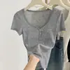 Estilo Garota Popular Design Levemente Transparente Gola V Manga Curta Botão Up Slim Fit Camiseta Feminina Verão Manga Curta Versátil Top Puro Desejo