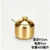 Pote de tempero de aço inoxidável 304, pote de óleo de pimenta dourado para cozinha e restaurante, saleiro com colher, garrafa e recipiente de tempero de grande capacidade