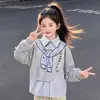 Estilo académico mediano y grande estilo casual infantil estilo retro lazo pantalones de pierna ancha niñas personalidad de moda solapa conjunto de sudadera moderno