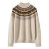 Suéter Tricot Vintage Fair Isle Consinee 100% Caxemira Pura para Mulheres, Solto e Macio, Afinando e Versátil