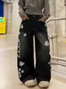 Jeans preto de perna larga e corte curvo bordado com flor de ameixeira, estilo único para mulheres, calça longa de cintura alta, lavagem vintage, corte solto