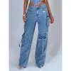 Pantalones Cargo de Mezclilla Rectos Largos con Múltiples Bolsillos para Mujer, Pantalones Casuales Sueltos Modernos y Versátiles