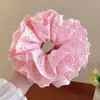 Scrunchie Branco de Renda Vazada Quadrado Estilo Francês para Cabelo, Prendedor Grande com Laço e Flor de Fita