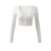 Cárdigan de Punto de Manga Larga con Cuello Redondo de Botones Sencillos Estilo Americano para Mujer Otoño Invierno Cintura Alta Adelgazante Color Sólido Top Corto
