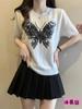Tricô Bordado Borboleta com Lantejoulas Vintage Feminino Verão plus size garota cheinha Nova Moda Estilo Ocidental Chique Slim Look Top