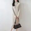 Vestido de punto de lana 100% de cuello alto, longitud media hasta la rodilla para mujer, jersey de manga larga, color liso, vestido recto de una sola pieza