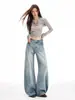 Calça jeans feminina retro americana com lavagem pesada e barra curva, nova moda cintura alta emagrecedora solta de perna larga