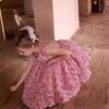 Vestido Feminino de Luxo Leve com Rosa Tridimensional, Vestido para Bebê de Um Ano, Roupa Doce de Daminha para Menina, Vestido Fofo de Princesa