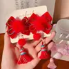 Diadema de Saludos de Año Nuevo para Niños Pasador Rojo con Lazo para Bebé Bola de Pelo con Borla Estilo Chino para Niñas
