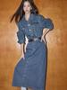 Shengdu25 Otoño Nuevo Estilo Coreano Vintage Lavado Versátil Estilo Camisa Algodón Manga Larga Denim Desgastado Vestido Largo