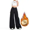 Jeans holgados de pierna ancha color mezclilla vintage para mujer, nuevos de tiro alto, caídos, forrados de felpa, pantalones hasta el suelo para otoño e invierno 2026