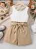 Conjunto de Verano para Niñas: Top Negro sin Mangas + Pantalones Cortos Verde Militar con Cinturón de Lazo Fuente de Suministro de Ropa Infantil Transfronteriza Europea y Americana