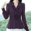 Elegante Camisa de Chiffon com Babados Estilo Francês 2026 Primavera e Outono Nova Camisa Roxa de Decote V de Alta Qualidade que Realça a Tez
