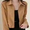 Chic coreano otoño retro guapo cuello camisero cremallera holgado versátil manga larga gamuza chaqueta corta abrigo mujer