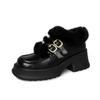 Sapatos pequenos de couro com sola grossa xadrez e peludo, calçados quentes de inverno 2023, bico redondo, salto alto grosso, fivela dupla, couro bovino, para mulheres