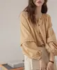 Camisa de Manga Lanterna 2025 Primavera e Verão Nova Jacquard Solta Abertura Frontal Gola Redonda Peça Externa Camisa Top com Toque de Luxo