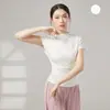 Camiseta de Dança Moderna com Gola Irregular Assimétrica de Manga Curta para Mulheres, Novo Estilo de Verão com Ajuste na Cintura e Design Plissado, Top Emagrecedor