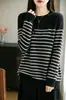 Suéter clásico de lana pura para mujer, con rayas negras y blancas y cuello redondo, un top de punto básico simple y versátil para el uso diario