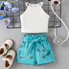 Amazon Conjuntos Europeus e Americanos de Primavera e Verão para Meninas de Pequeno e Médio Porte, Regatas Cavadas Infantis, Shorts Estampados com Cadarço de Renda Floral, Novos Estilos