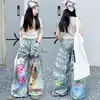 Conjunto de Verano para Niñas Camiseta con Dibujos Animados y Graffiti Manga Corta Jeans Pantalones Rectos Anchos Sueltos Estilo Calle Pantalones Largos Adelgazantes