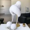 Novo Chapéu de Pele de Raposa Tecida com Pele de Visom Quente de Inverno com Proteção para Orelhas para Mulheres, Chapéu Fofo de Bola de Pelo Genuíno para Vento e Neve
