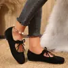 Zapatos planos casuales para mujer de gamuza negra con lazo, puntera cuadrada, estilo cómodo y versátil