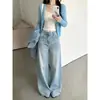 Jeans de guadaña lavados retro americanos para mujer, nuevo estilo de otoño, de cintura alta, holgados, de pierna recta, de pierna ancha, pantalones de guadaña hasta el suelo