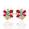 Pendientes de Botón Geométricos Versátiles de Alto Gama con Flor Incrustada de Pedrería de Colores, Temperamento Elegante, Trabajo Pesado Francés, Personalidad, En Stock, Venta al por Mayor