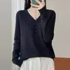 [Directo del Fabricante] Suéter de Punto Jacquard con Cuello en V para Mujer, Nuevo Estilo Otoño, Color Sólido, Versátil, Suéter Básico de Corte Holgado