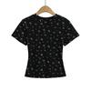 2502-25 Primavera Nuevo Estilo Europeo y Americano Floral Pequeño Plano para Cuerpo Ajustado Camisa Manga Corta Camiseta Base