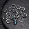 Bestseller transfronterizo juego de anillos de piedra lunar de diseño minimalista, anillo geométrico de diamante negro, joyería apilable de turquesa estilo europeo y americano