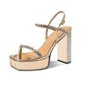 Sandalias de Tacón Super Alto con Pedrería Plateada para Mujer de Piel Genuina Punta Cuadrada Impermeables Plataforma Modelo Pasarela Banquete Tacón Grueso Tacones Altos