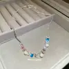 Conoce la Cadena de Perlas Redondas de Zircón Arcoíris~ Cadena para Clavícula Dopamina Primavera/Verano, Cadena de Cuello Versátil Suave y Sofisticada