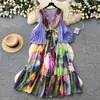 Vestido Estilo Férias Estampa Floral Roxa Feminino Primavera Manga Longa Cintura Alta Saia Evasê Afunilamento na Cintura Babado Vestido Longo