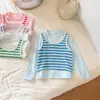 Colete Tricotado para Meninas Camiseta de Manga Longa Estilo Primavera e Outono Top Patchwork Listrado para Bebê Camisa Básica Estilosa para Crianças