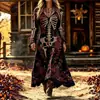 Vestido Largo de Fiesta Vintage Oscuro para Mujer con Estampado de Calavera Gótica y Rosas, Cuello en V, Manga Larga, Estilo Halloween